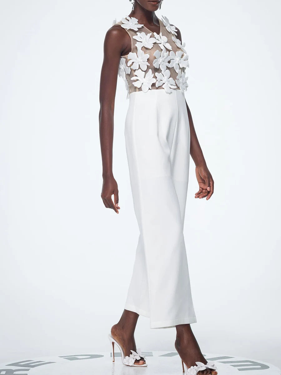 Solid Slimming Spliced Appliques Jumpsuits for Women V Neck Sleeveless High Waist Elegant Jumpsuit Female Fashion