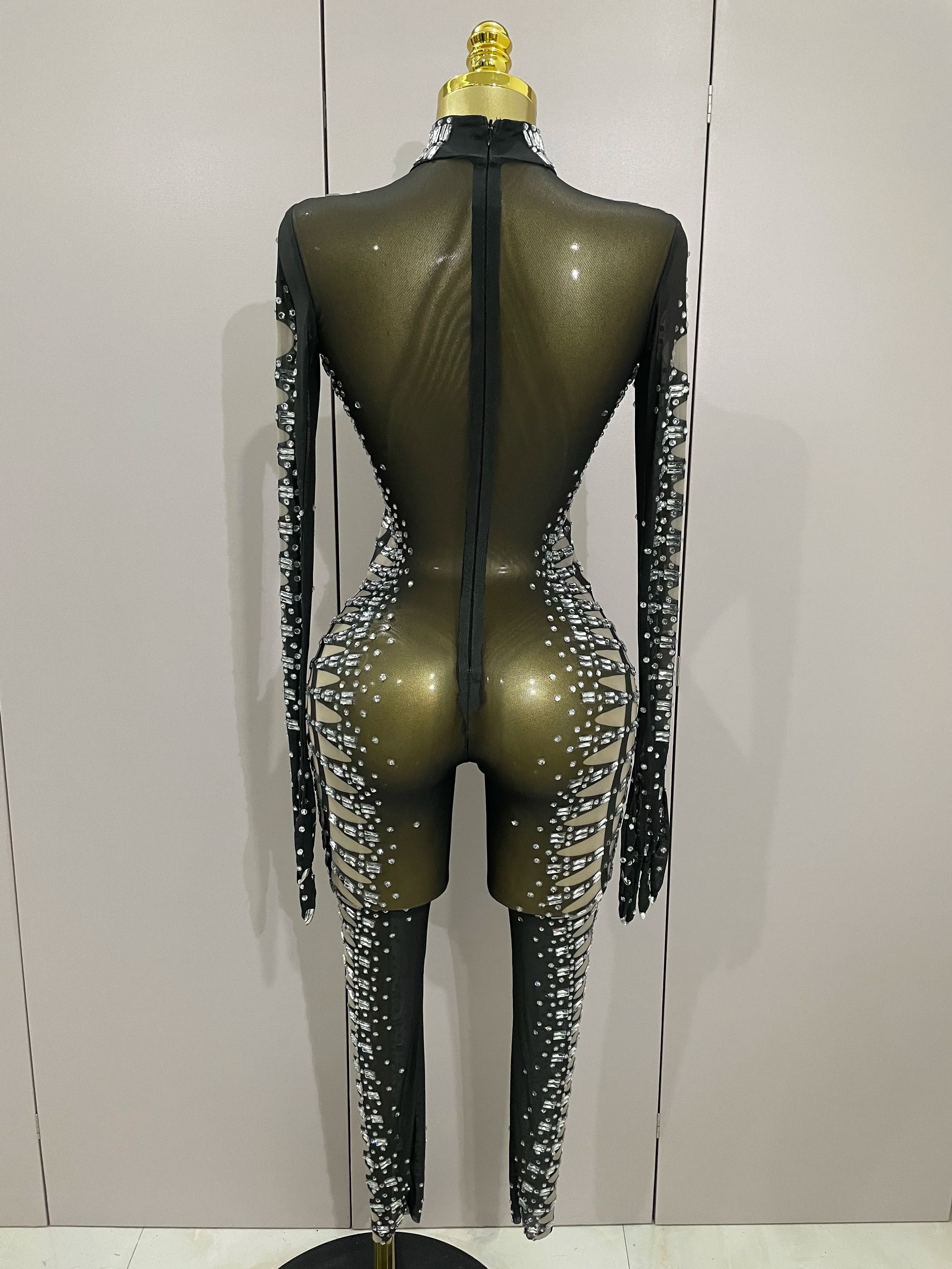 Sexy Sparkly Crystals Black Mesh Jumpsuit With Gloves 2025 Women Celebrate Birthday Party NightClub Singer Dance Stage Costumes