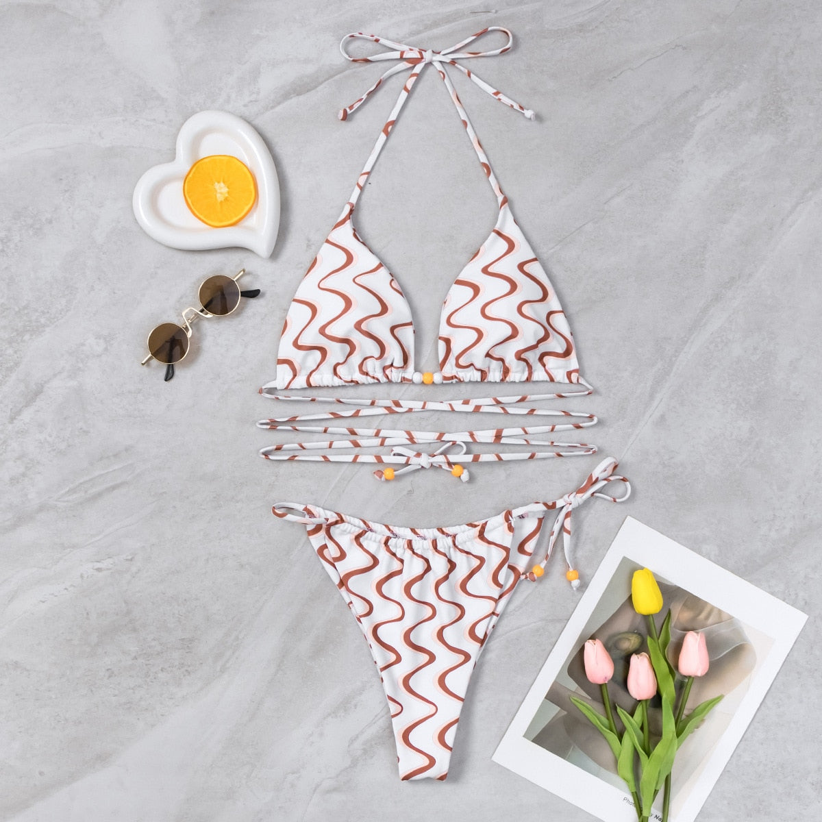 Wave Printed Long Rope Bikini INS Wind Wave Printed Swimsuit With Round Bead Link Strap Two-piece Swimsuit Biquine Brasileiro AS shown