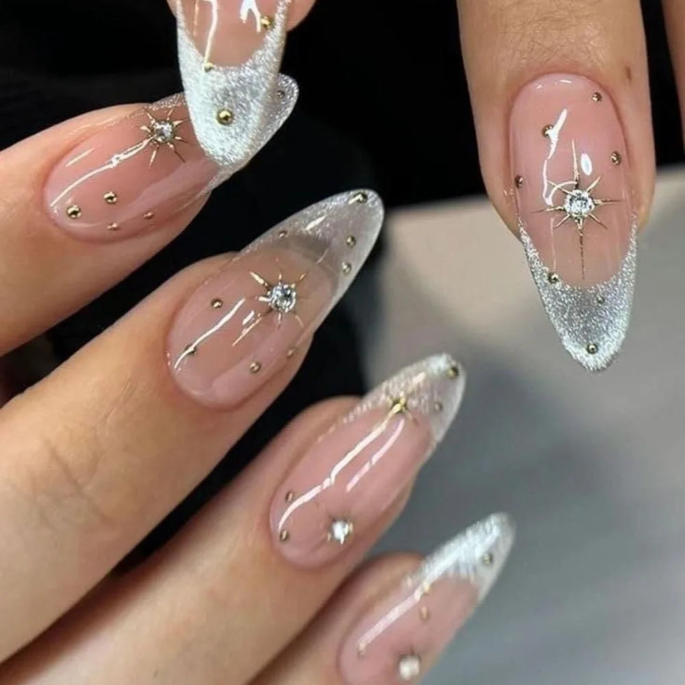 24Pcs Purple French press on nails with 3D broken diamond wearable mid-length almond fake nail tips round head false nails 877