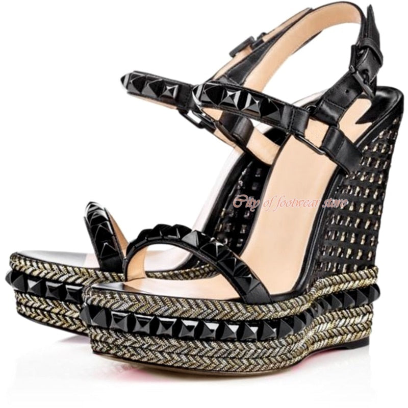 Women's Open Toe Platform Stud Espadrille Wedges Sandals Ankle Strap High Heeled Pump Luxury Designer Summer Beach Shoes Red as photo