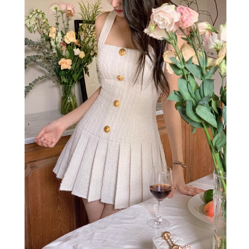 Robe d'été en Tweed à boutons dorés pour femmes, col licou, bretelles, Style coréen, ligne a, élégante, robe de soirée, Mini, 2023