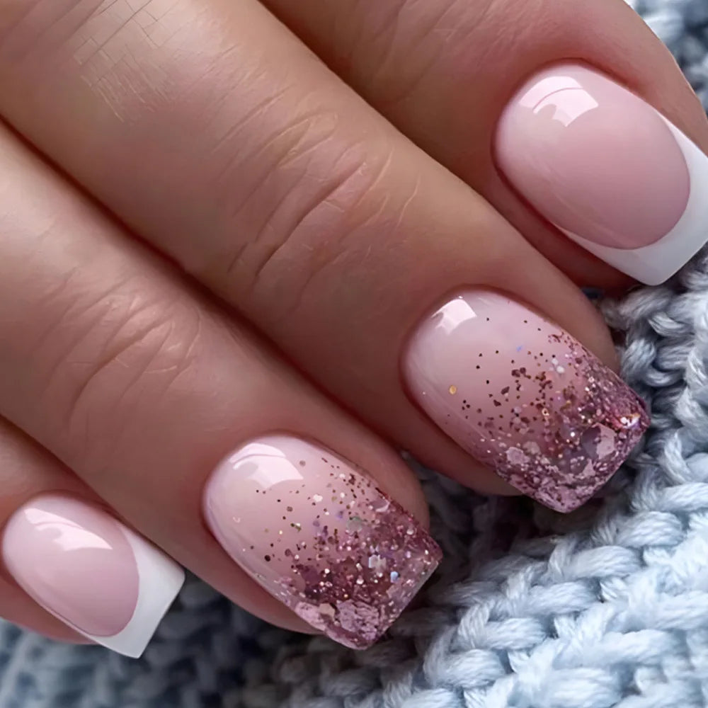24pcs/set short fake nails for women girls french nude square white tips with rhinestones glitters Y2K press on false nail art 1075