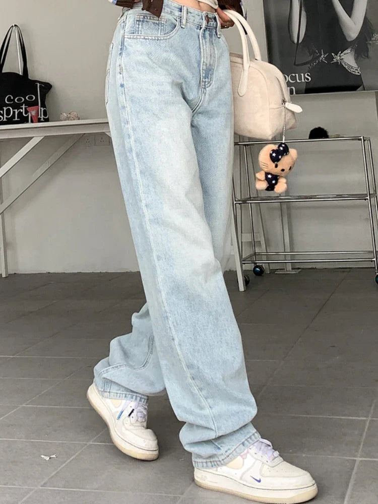QWEEK Vintage 90s Jeans Women Y2k High Waist Light Blue Straight Pants Casual Streetwear Distressed Loose Floor Length Trousers