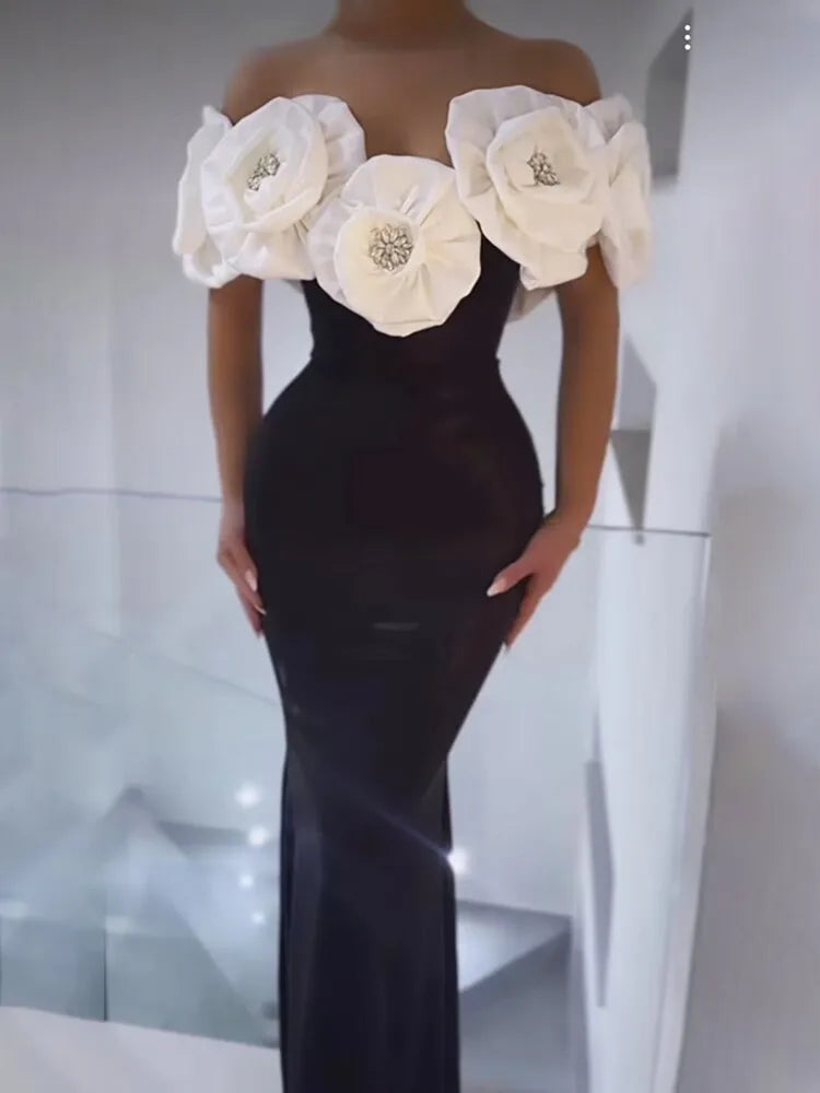 Women Celebrity Sexy Off Shoulder Flower Diamonds Black Maxi Long Bodycon Bandage Dress Elegant Evening Club Party Dress black