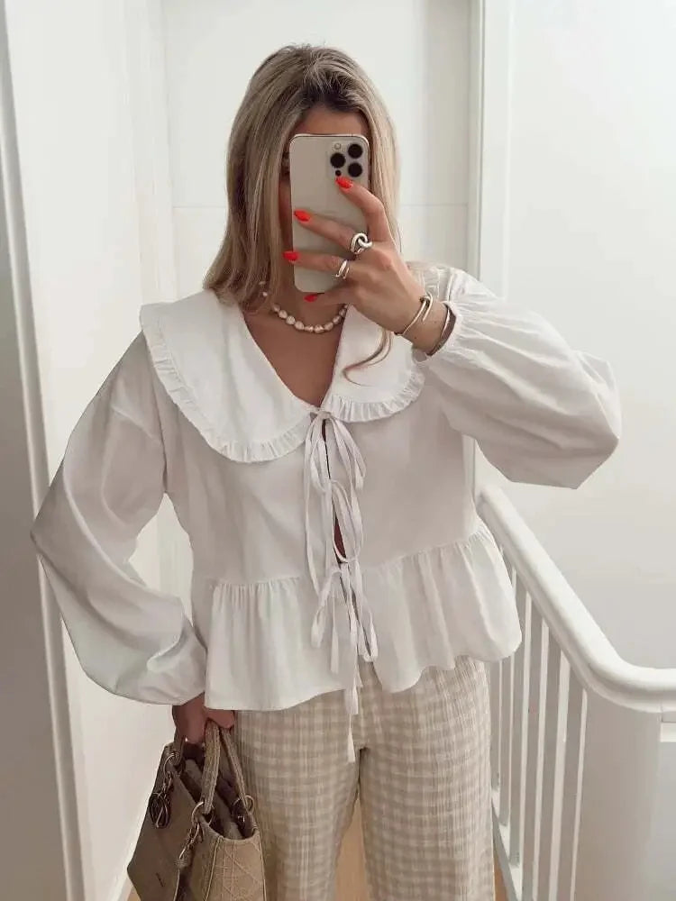 EDSA Women Elegant Ruffles Shirt Summer Blouse with Peter Pan Collor Lantern Sleeves Bow Buttons Sweet Soft Top