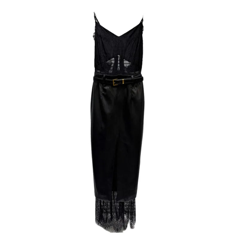 Winter New Fashion Lace Patchwork Belted Waist Slimming Base Camisole Dresses For Women Backless Dress Female 11A07669