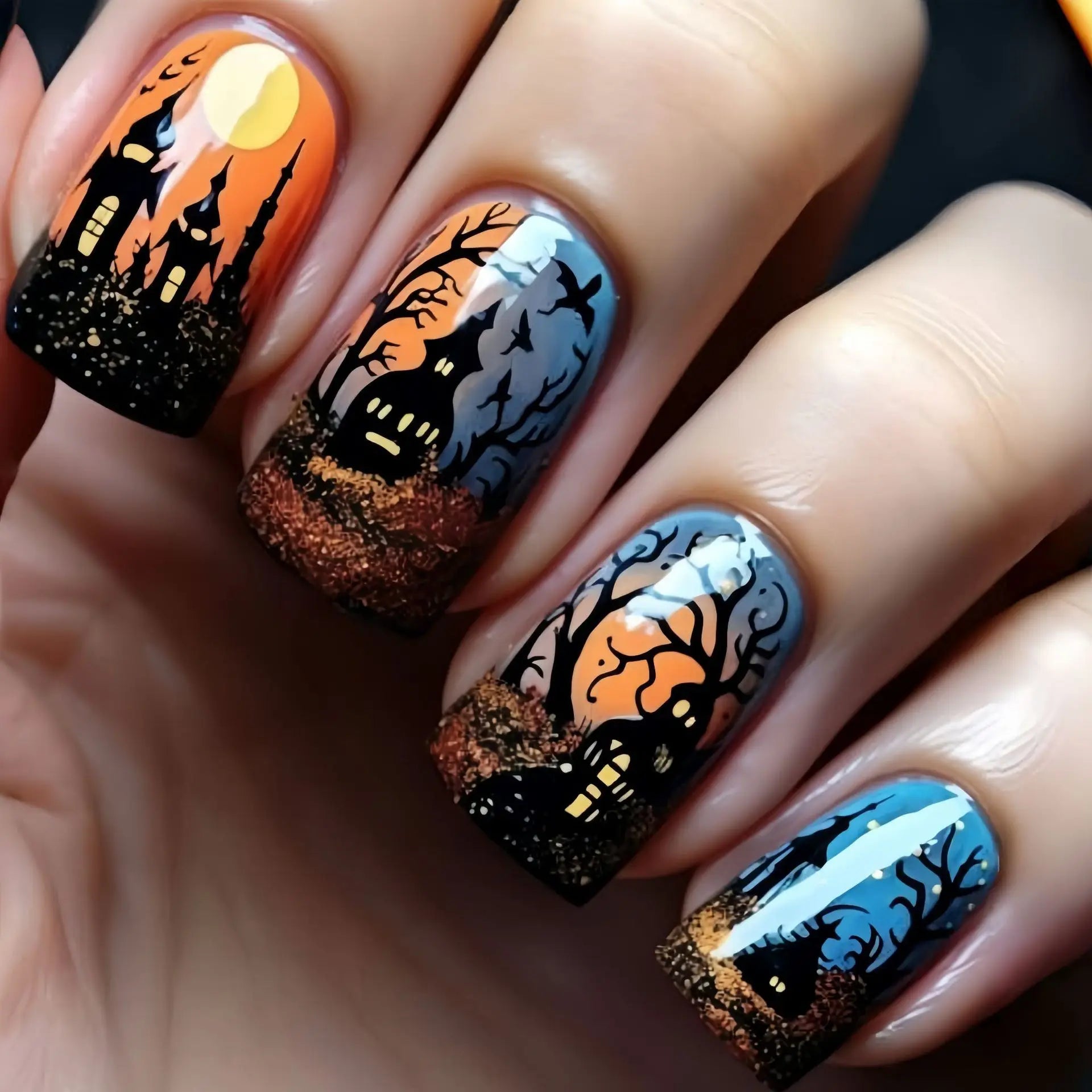 24pcs/set Short Medium fake nails for Halloween party Dead trees and crows bat Night sky Square almond tips press on false nail 2716