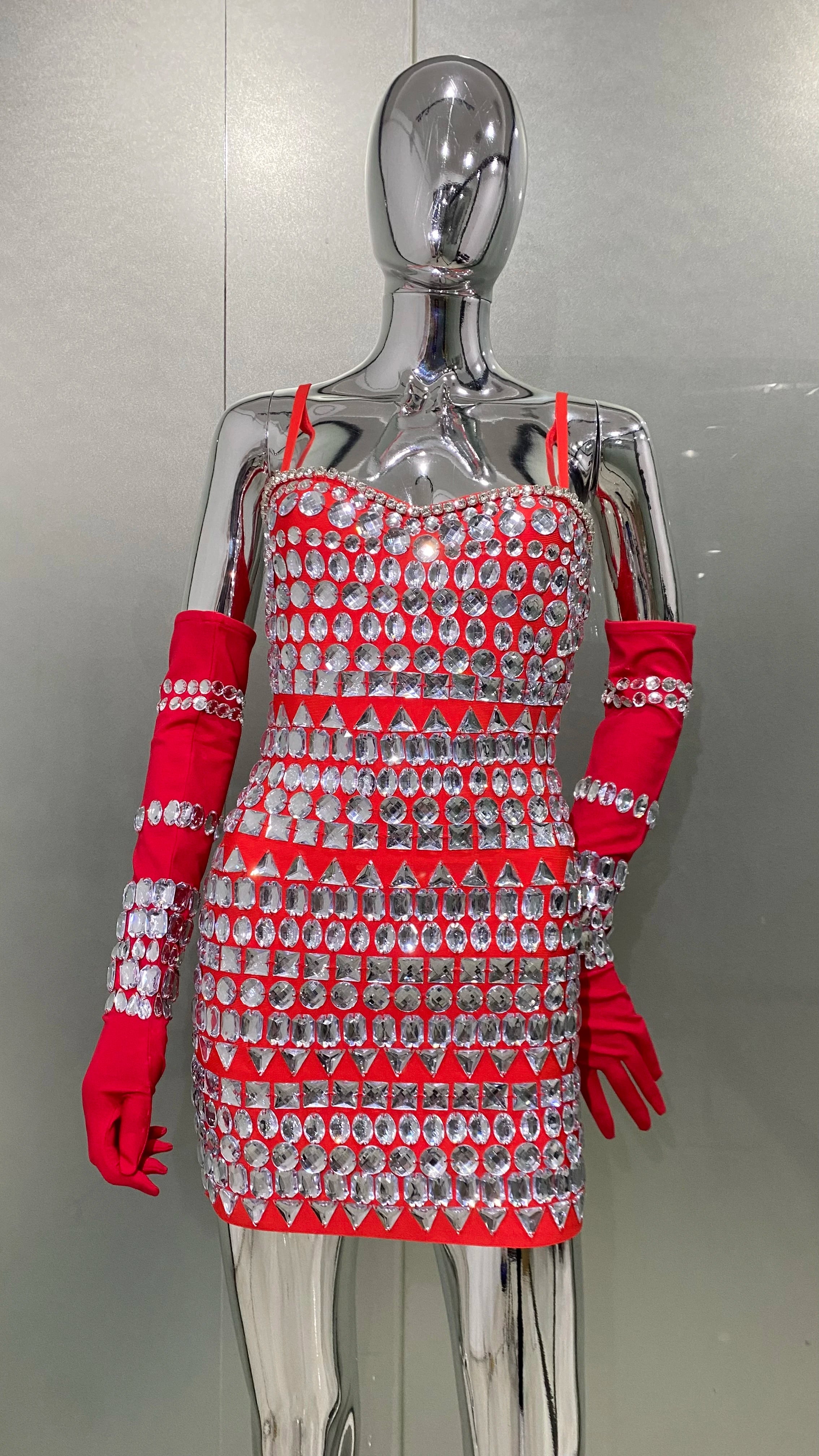 2024 New Fashion Women Sleeveless Sexy Strap Big Crystal Bodycon Mini Dress With Gloves Bandage Fashion Birthday Party Dress Red