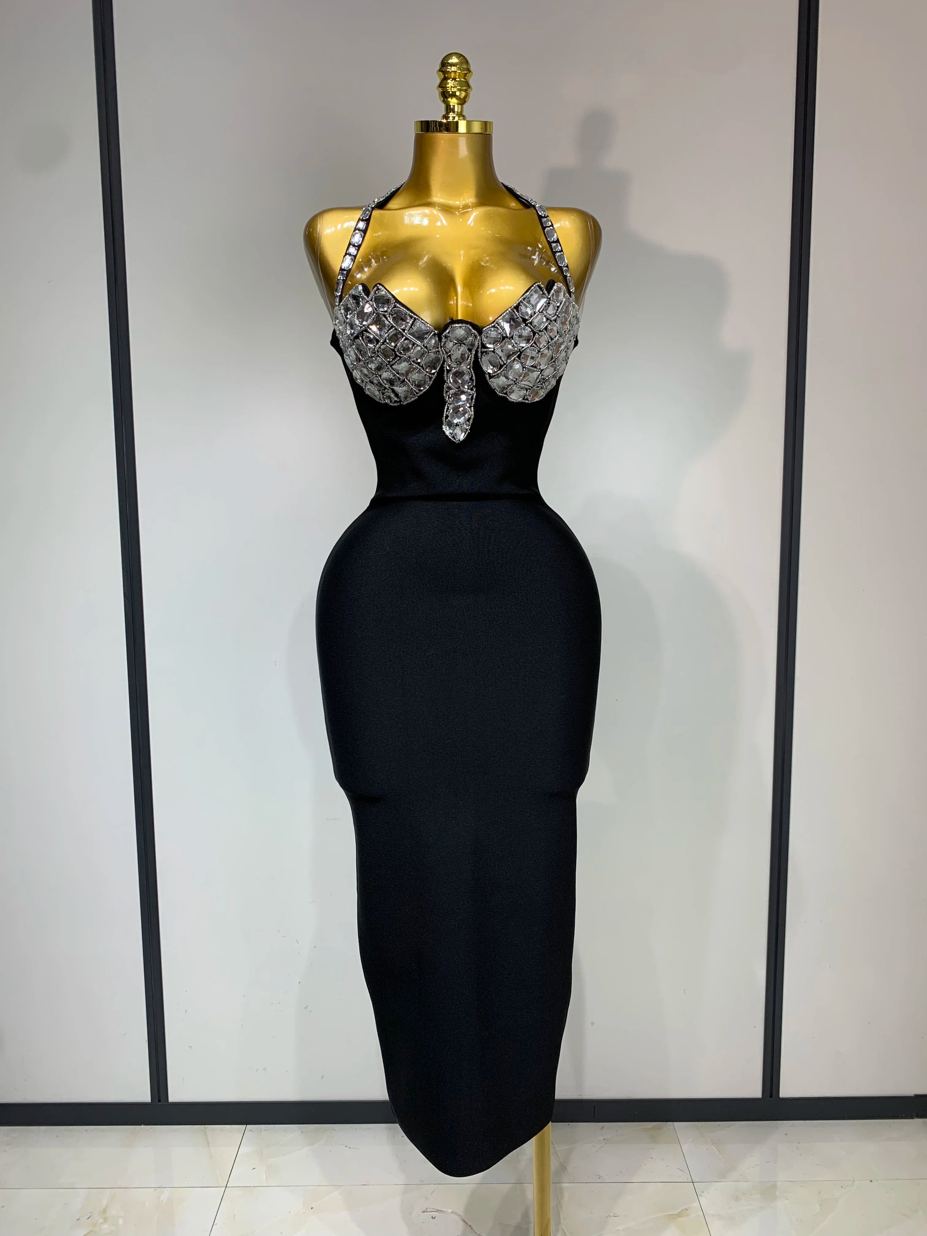 Women Sexy Halter Backless Diamonds Black Sleeveless Bodycon Bandage Dress Evening Club Party Gowns Luxury Birthday Dress black