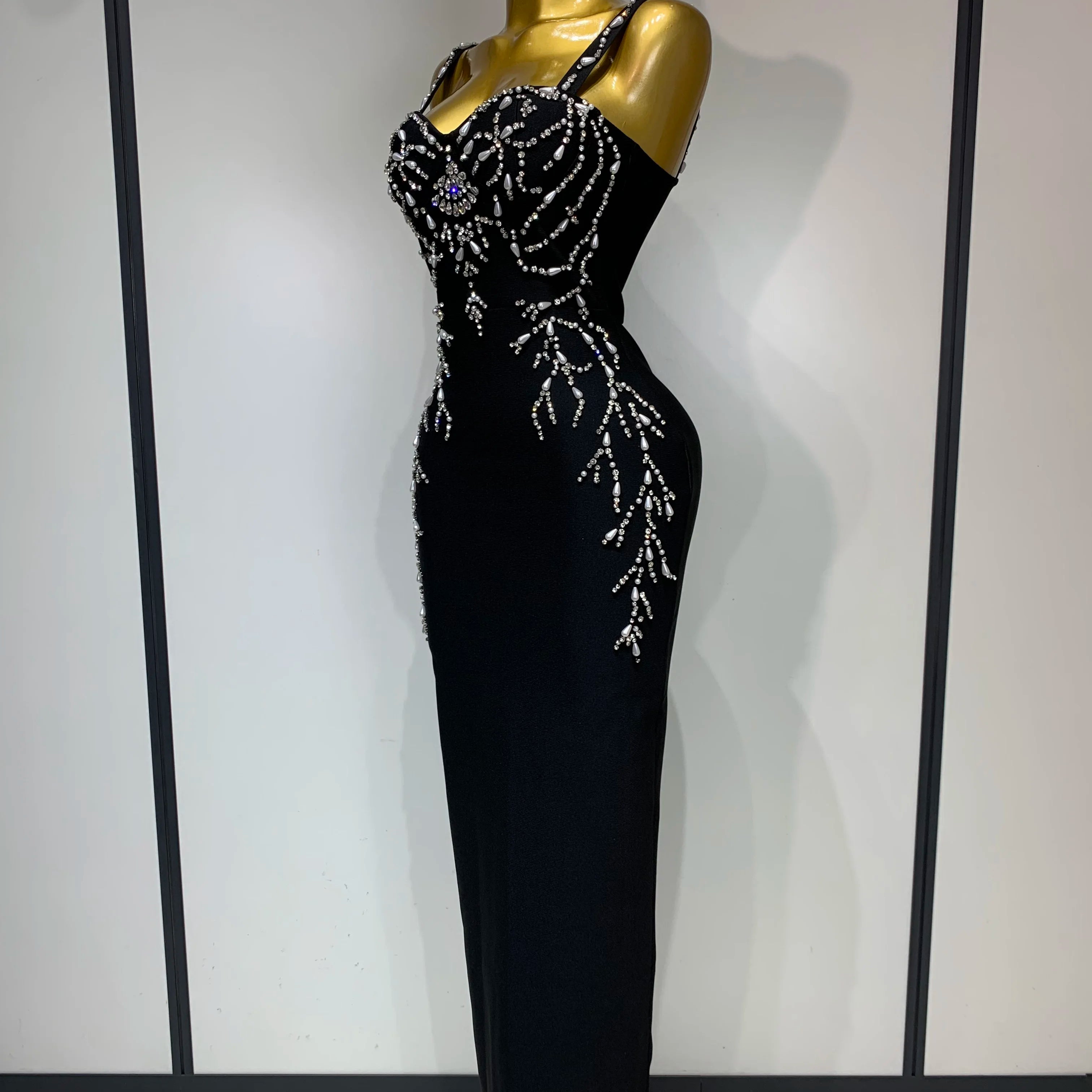 Women Sexy V Neck Black Beading Maxi Long Bodycon Bandage Dress 2025 Celebrity Elegant Evening Club Party Luxury Birthday Dress