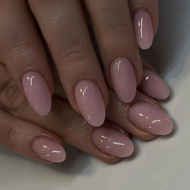 24pcs Star Moon Print False Nails Sweet Pink Short Almond Fake Nails Tips Wearable Detachable Simple Nude Color Press on Nails 3