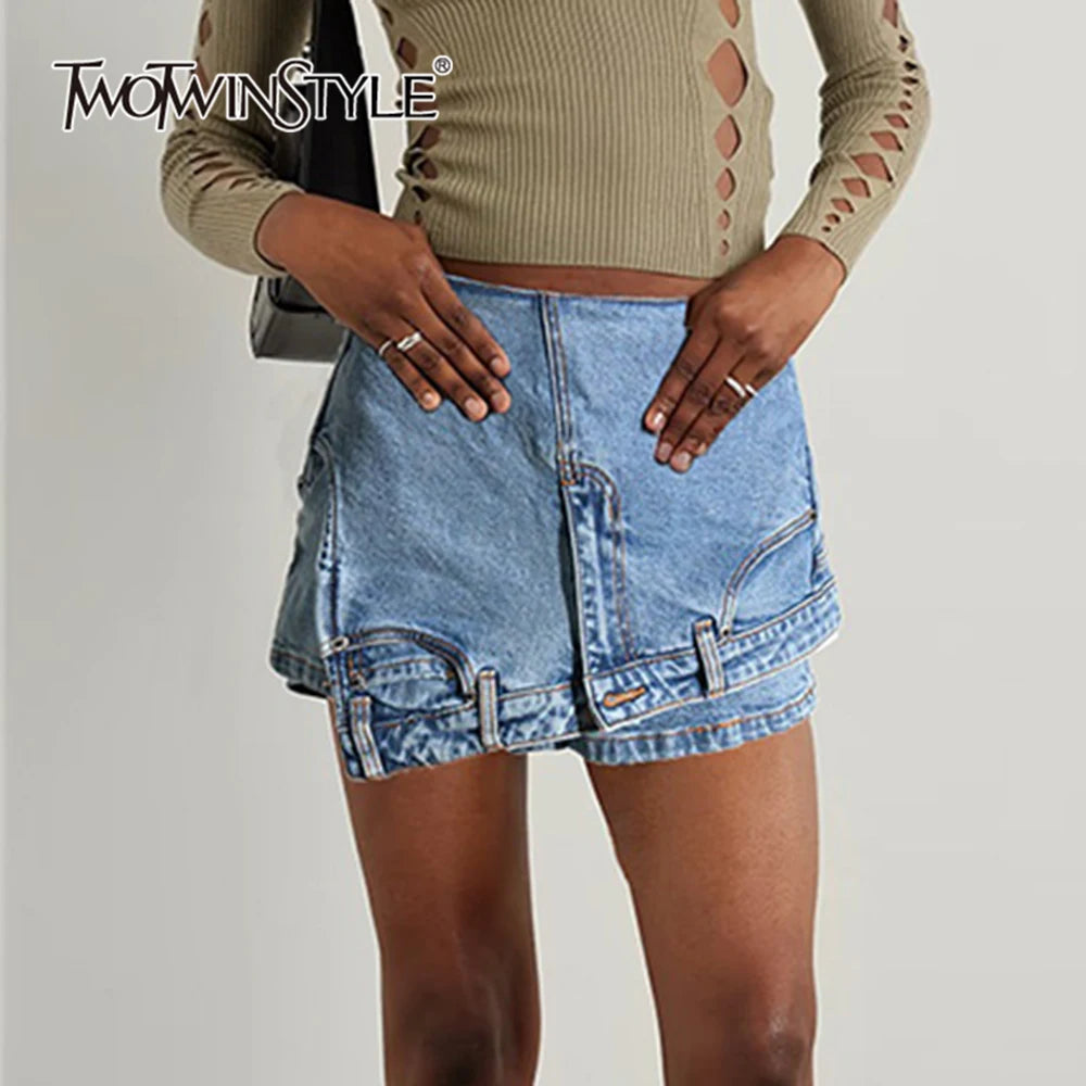 Patchwork Pocket Irregular Chic Denim Shorts For Women High Waist Spliced Zipper Designer Short Pants Female New
