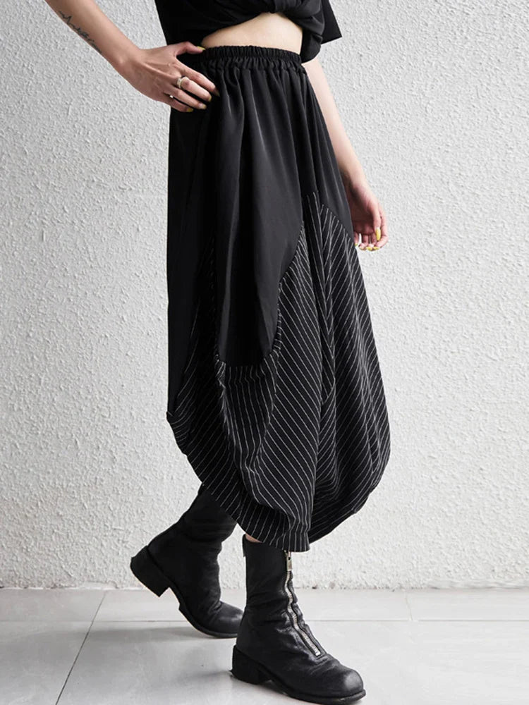 High Elastic Waist Black Striped Spliced Harem Trousers New Loose Fit Pants Women Fashion Tide Spring Summer 1DE0542