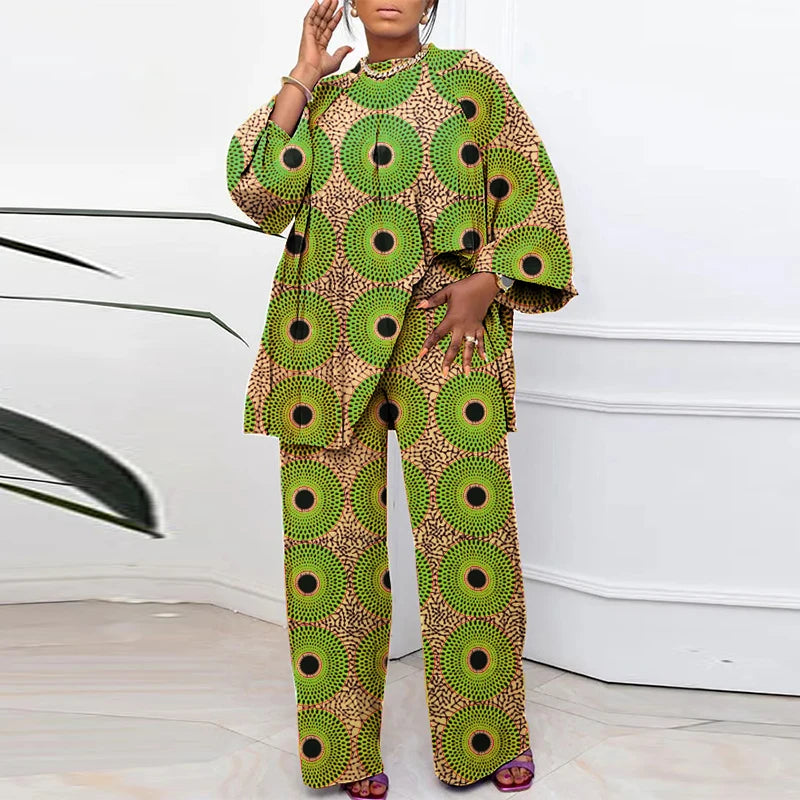 Plus Size VONDA Bohemian Style Printing Outfits Women Elegant Tops Sets O-neck Long Sleeve Casual Loose Two Piece Suits Holiday green