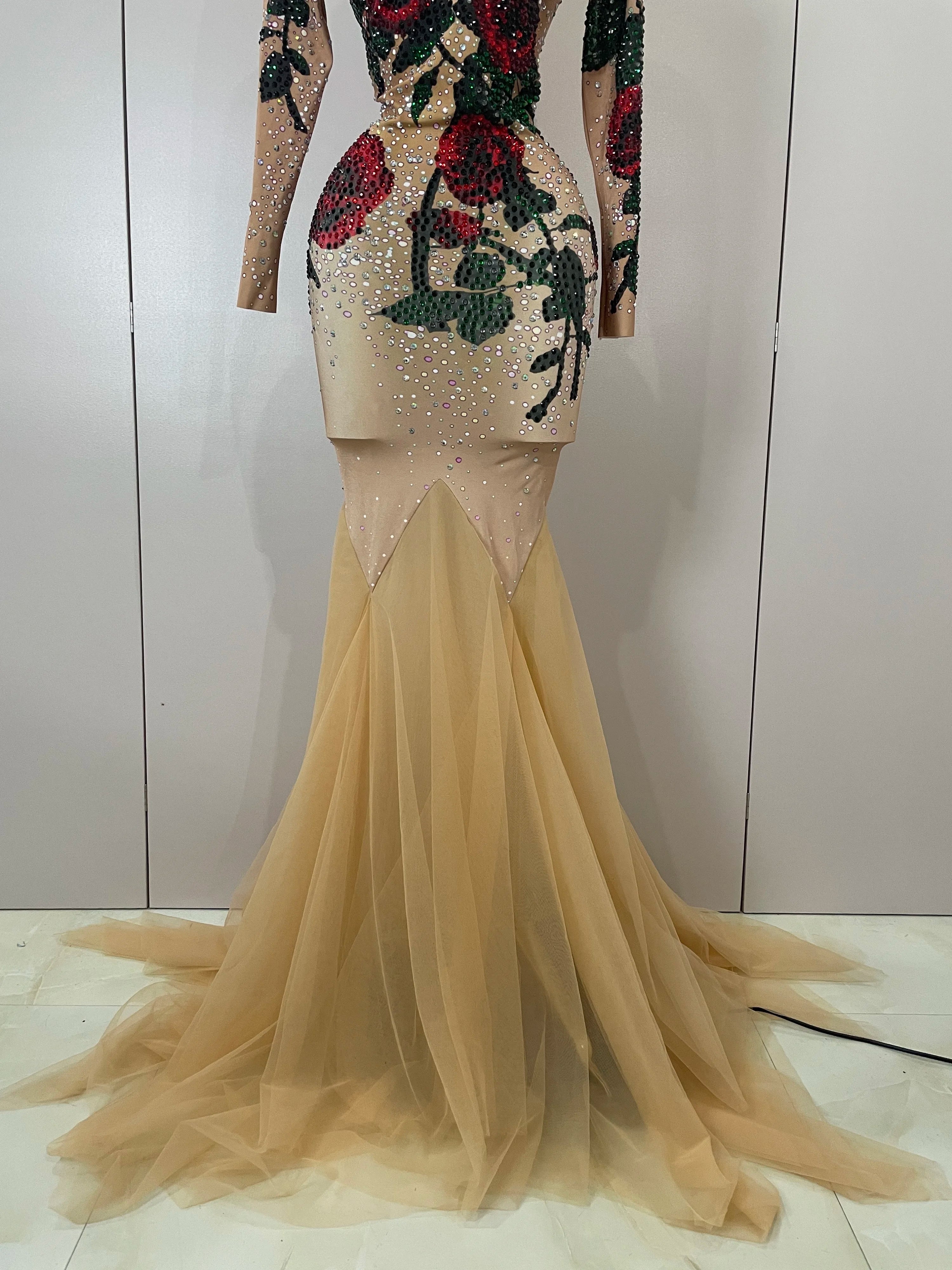 Sexy Shiny Rhinestone Rose Floral Floor-Length Dress Evening Women Eveing Celebrate Birthday Party Nightclub Performance Costume