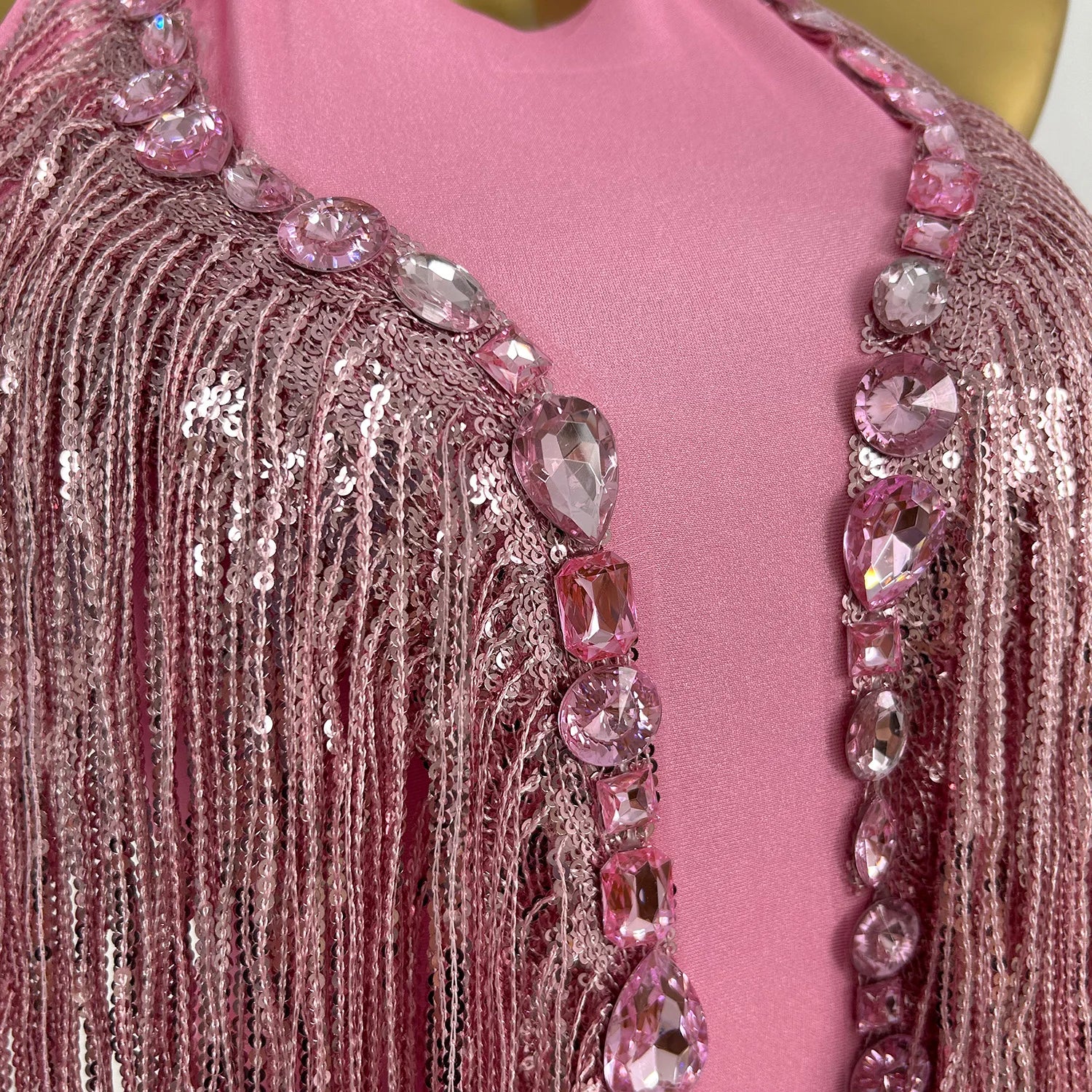 Sexy Pink Sequins Fringes Crystal Leotard Women Club Rhinestone Tassel Dance Bodysuit Stage Performance Costumes Shuye