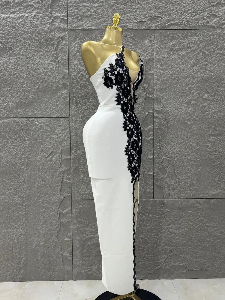 Top Women Sexy One Shoulder Black Lace Bodycon Long Bandage Dress Fashion Celebrate Evening Party Birthday Outfit