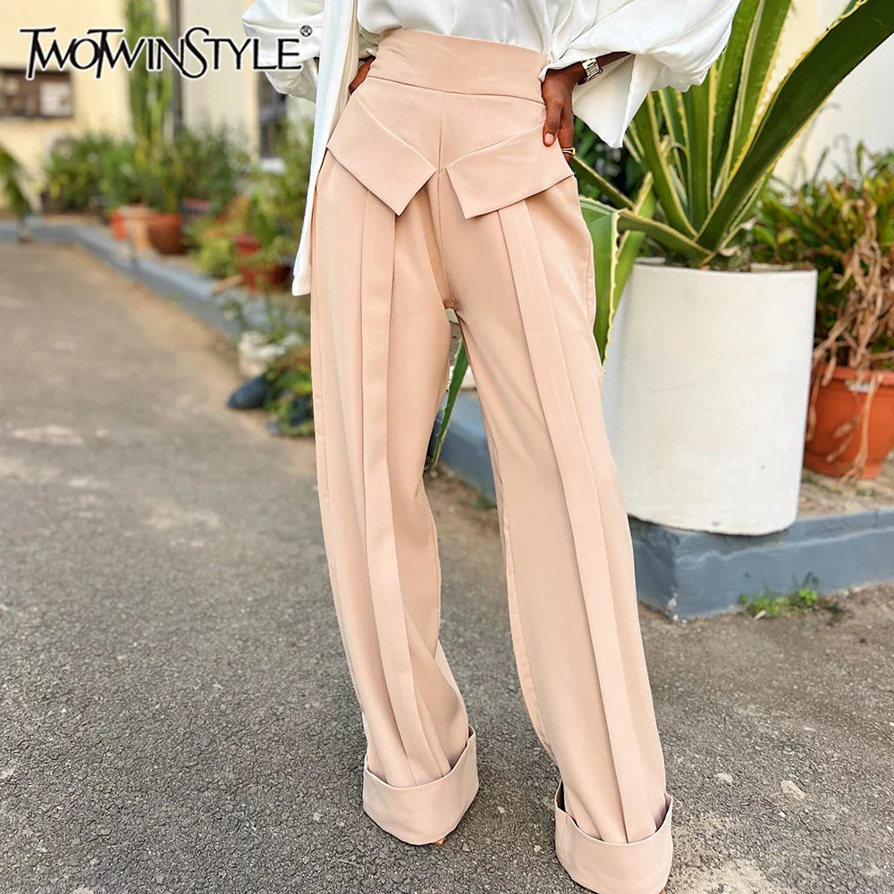Solid Minimalist Pants For Women High Waist Patchwork Folds Temperament Elegant Wide Leg Pant Female Fashion Cloth