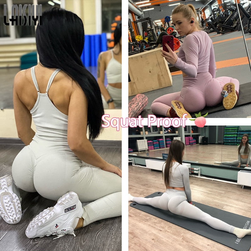 女性のセットスキニートラックスーツ通気性のブラジャー長袖トップシームレスな衣装ハイウエストプッシュアップレギンスジム服スポーツスーツ