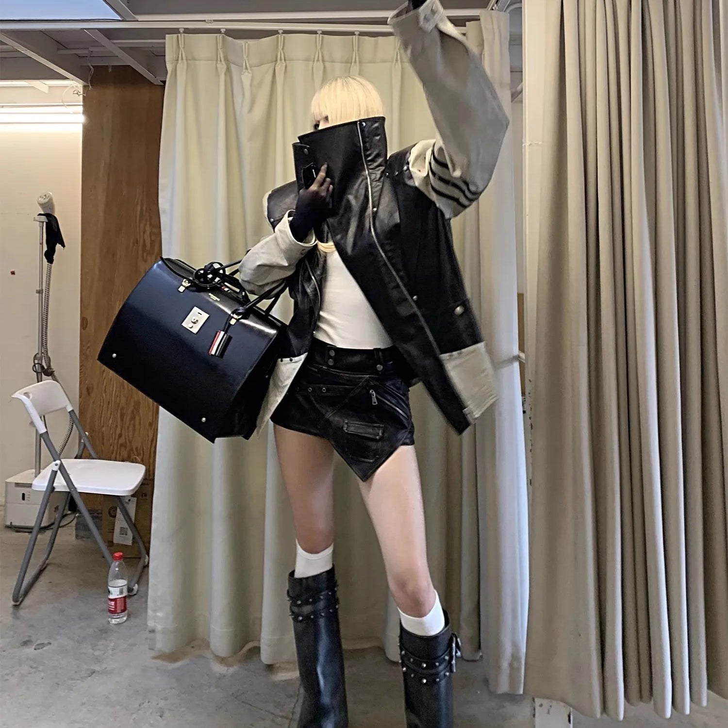 Lautaro Spring Summer Cool Sexy Distressed Black Pu Leather Mini Asymmetrical Skirt Women High Waist Luxury Designer Emo Clothes