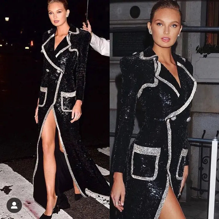 Celebrity Evening Cocktail Party Maxi Dress Women Polo Neck Long Sleeve Double breasted Pocket Design Slim Fit Split Long Dress