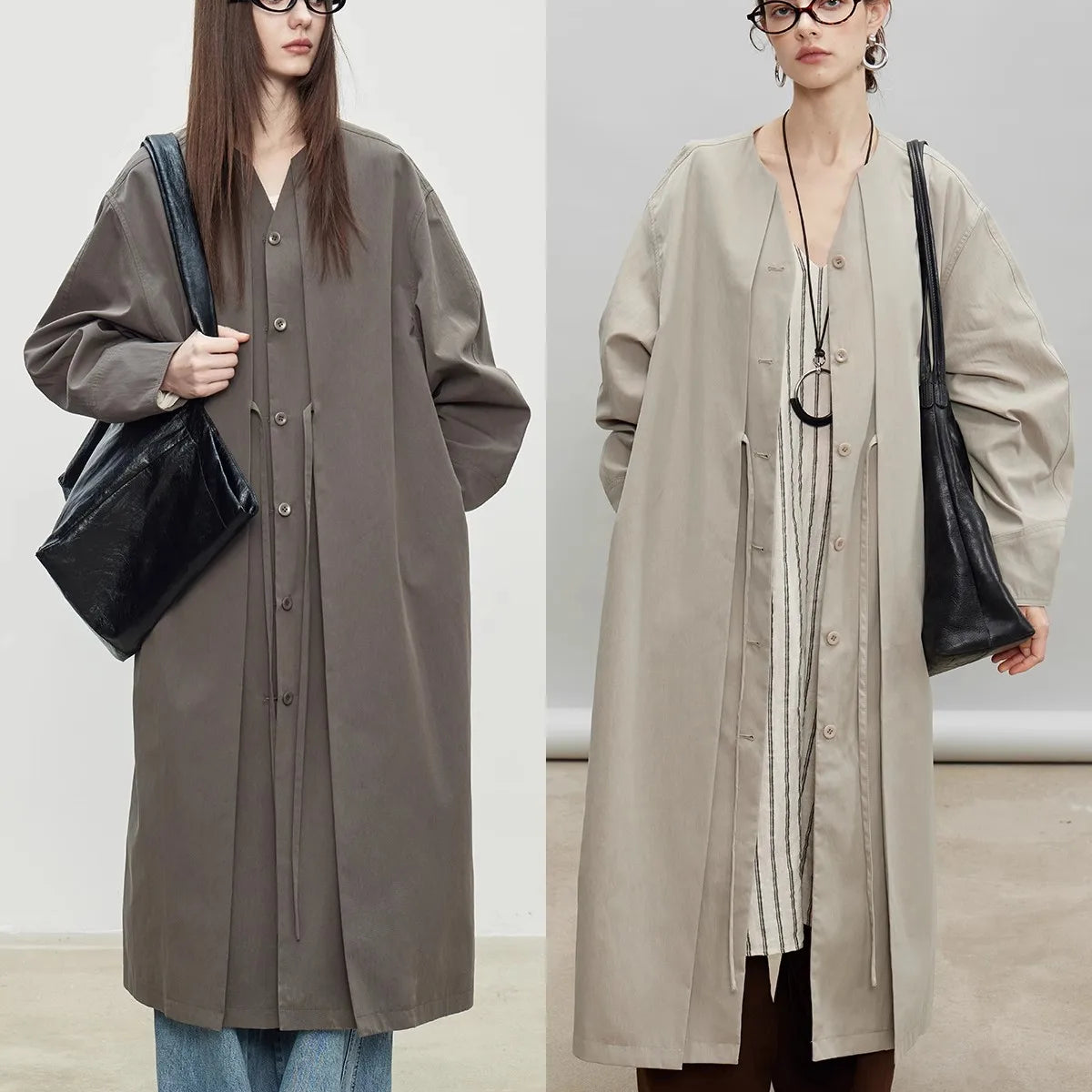 Lautaro Spring Autumn Oversized Long Flowy Soft Trench Coat for Women V Neck Elegant Luxury Designer Fake 2 Piece Clothes 2025