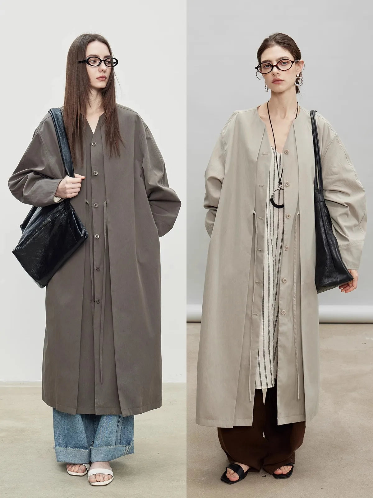 Lautaro Spring Autumn Oversized Long Flowy Soft Trench Coat for Women V Neck Elegant Luxury Designer Fake 2 Piece Clothes 2025
