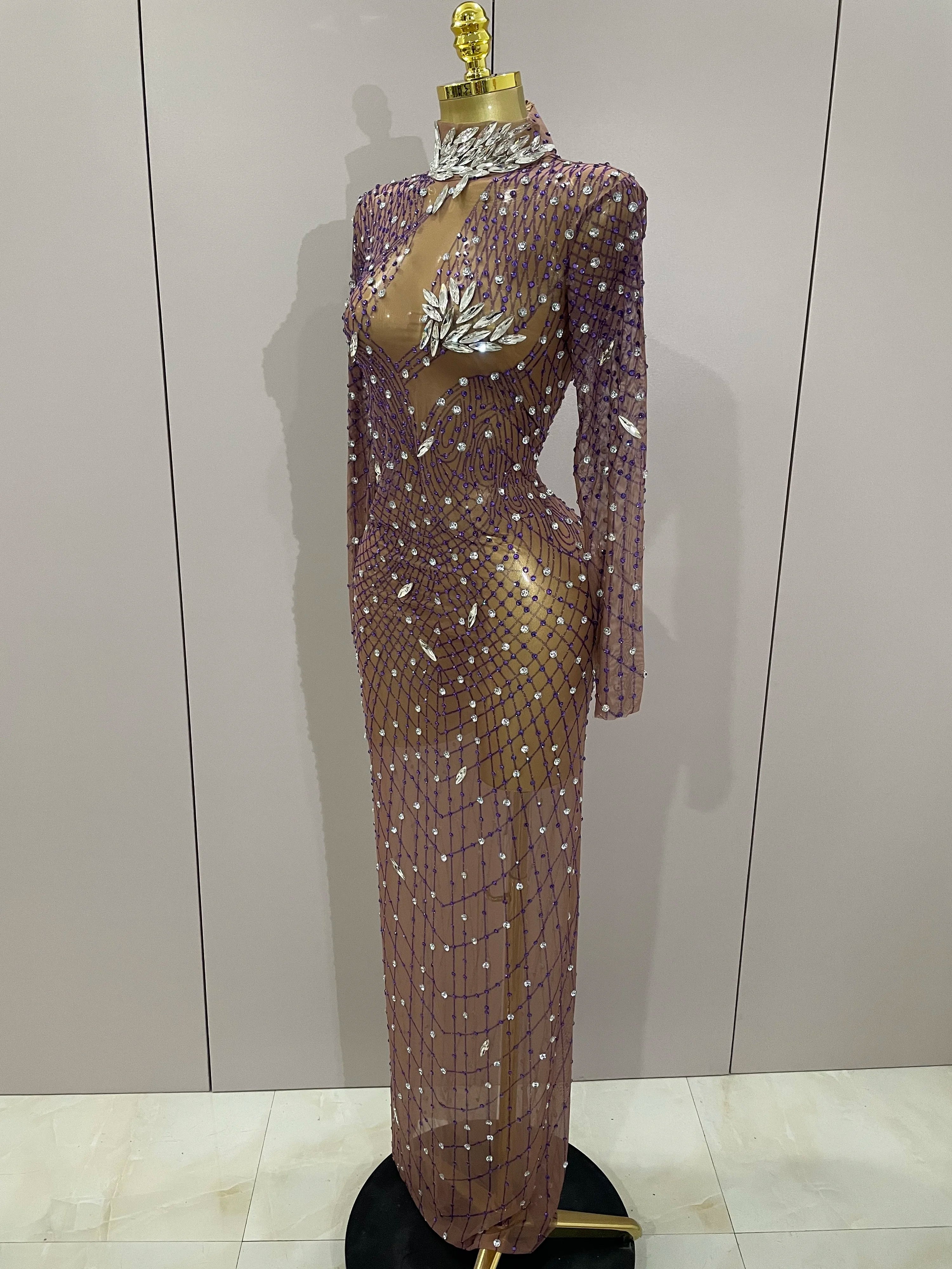 Shining Rhinestones Sexy Mesh See Through Long Dress Women Birthday Celebrate Evening Singer Show Stage Wear Photo Shoot Dress