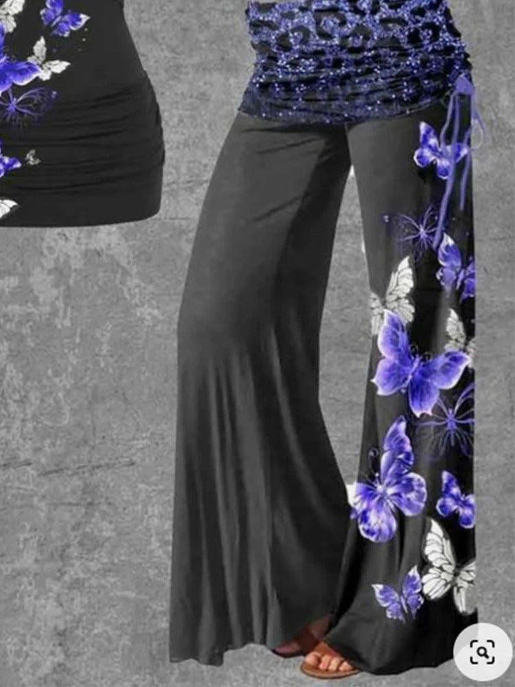 Women Plus Size Matching Set Hollow Out Butterfly Printed Backless Sexy Gothic Punk High Waist Flare Pant and Slim Tank Top Set