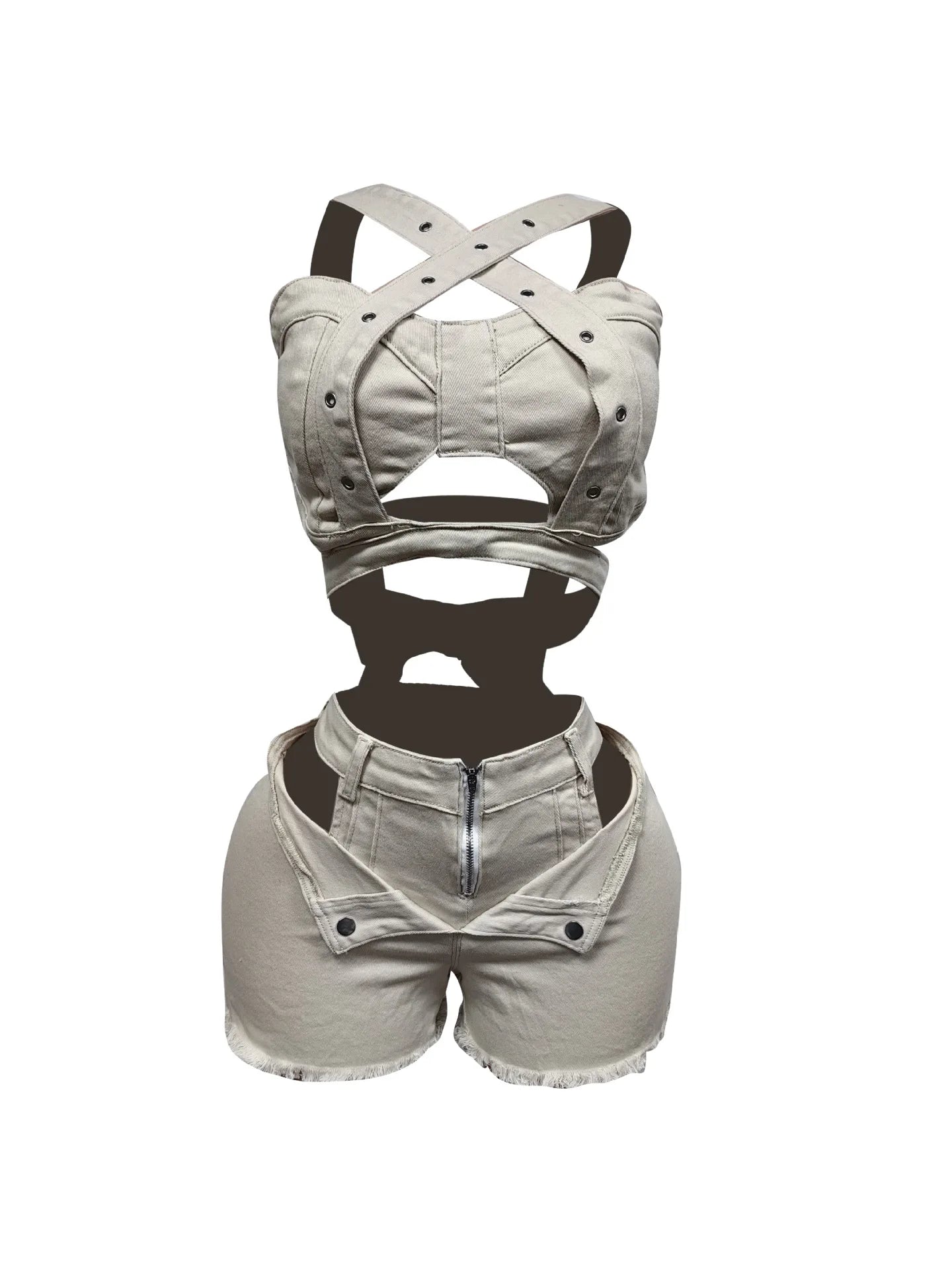 CM.YAYA Fashion Denim Cutout Women's Set Wrap Strap Crop Top and Shorts Jeans 2025 Summer Two 2 Piece Sets Outfits Tracksuit