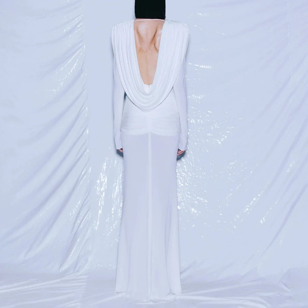 Solid Slimming Spliced Folds Minimalist Dresses for Women V Neck Long Sleeves Elegant Evening Dress Female Fashion