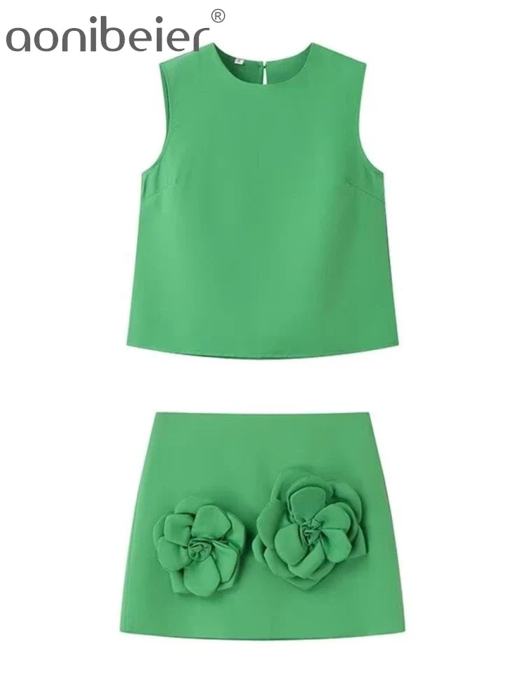 Aonibeier 3D Flowers Women Mini Skirt Suits Traf Summer Sleeveless Blouse Female Crop Top Extreme Short Skirt Sets Y2K