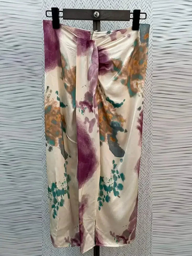 Women Skirt Fashion Stain Print Skirt Set Chic Cross V Neck Long Sleeves Shirt Slit Midi Skirts Suit Lady Fashion Outfits Skirt