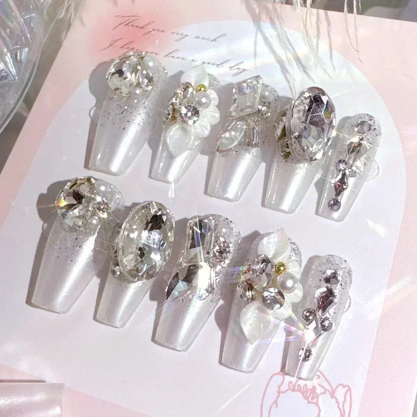 24Pcs False Nails French Gradient Ballet Fake Nails Press on Nails Black Heart Rhinestone Design Glitter Full Cover Nail Tips 9