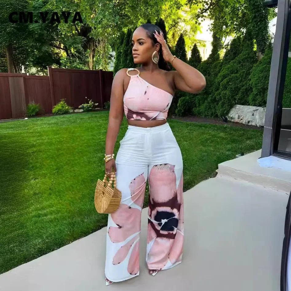 Women Set Floral Print Sleeveless Skew Collar Tops +Wide Leg Pants Two 2 Piece Set Outfit 2024 Summer Street Tracksuit