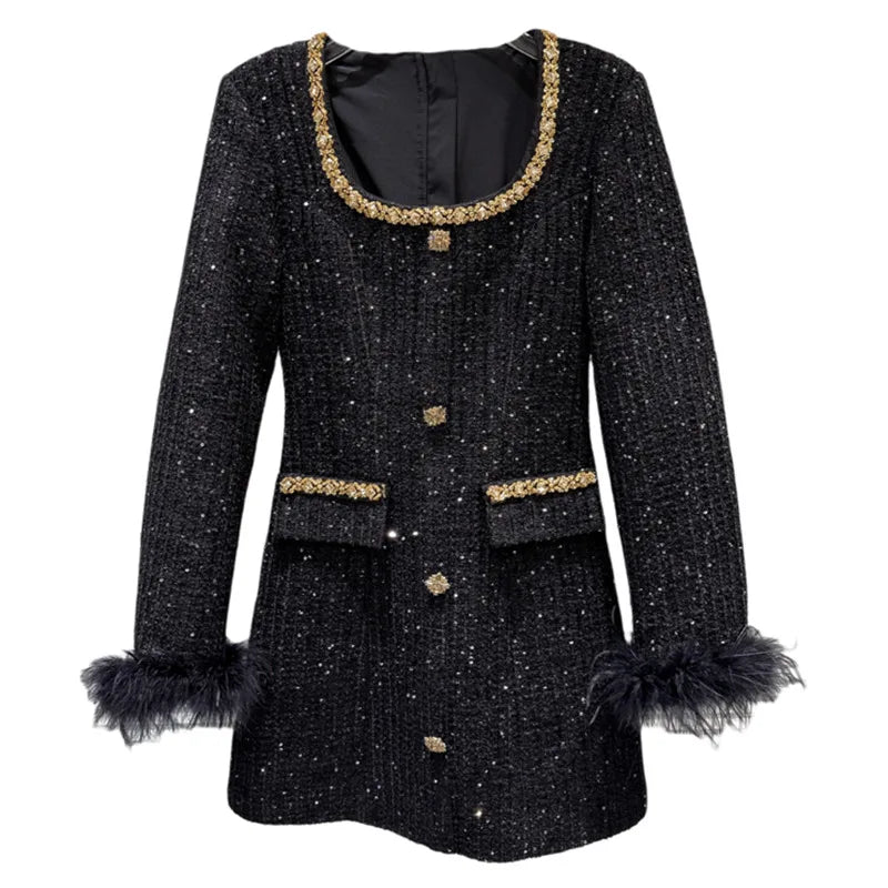 Winter New Fashion High-End Gold Rhinestone Beaded Edge Waist-Cinching Tweed Dress For Women Elegant Dresses 11A07688