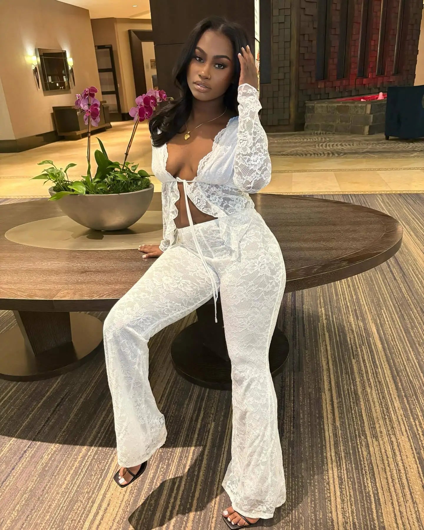 CM.YAYA 2025 Women's Set Long Sleeve Lace See Through Shirt + Long Pants Street Evening Sexy Two 2Piece Sets Outfits Tracksuit