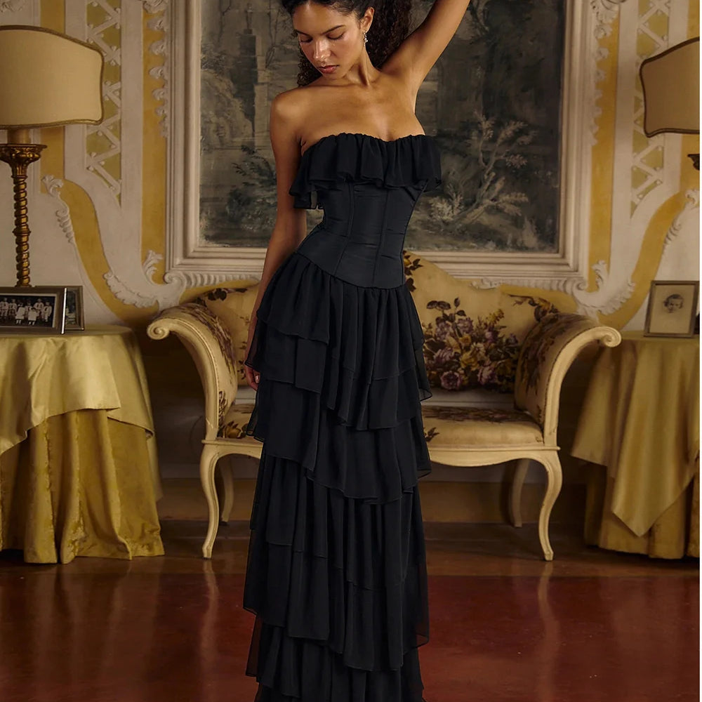 2025 Women Sexy Strapless Ruffle Slim Maxi Dress for cummerbund Elegant Sleeveless Lady Evening Party Gowns Female Robes