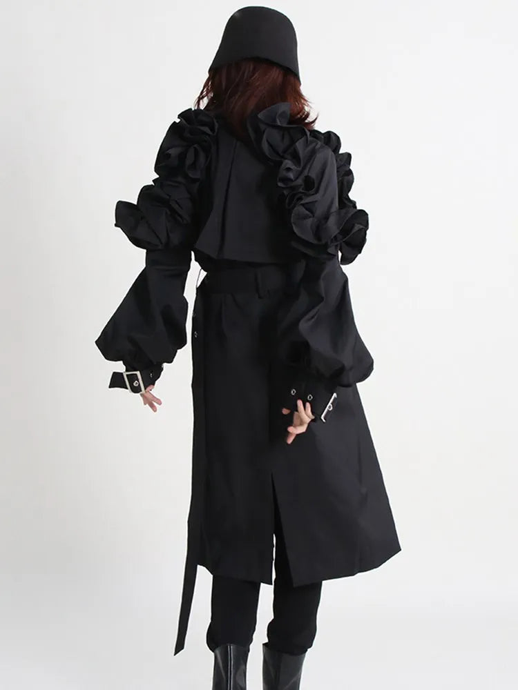 Casual Spliced Ruffles Trenches For Women Lapel Long Sleeve Patchwork Belt Vintage High Street Trench Female Style