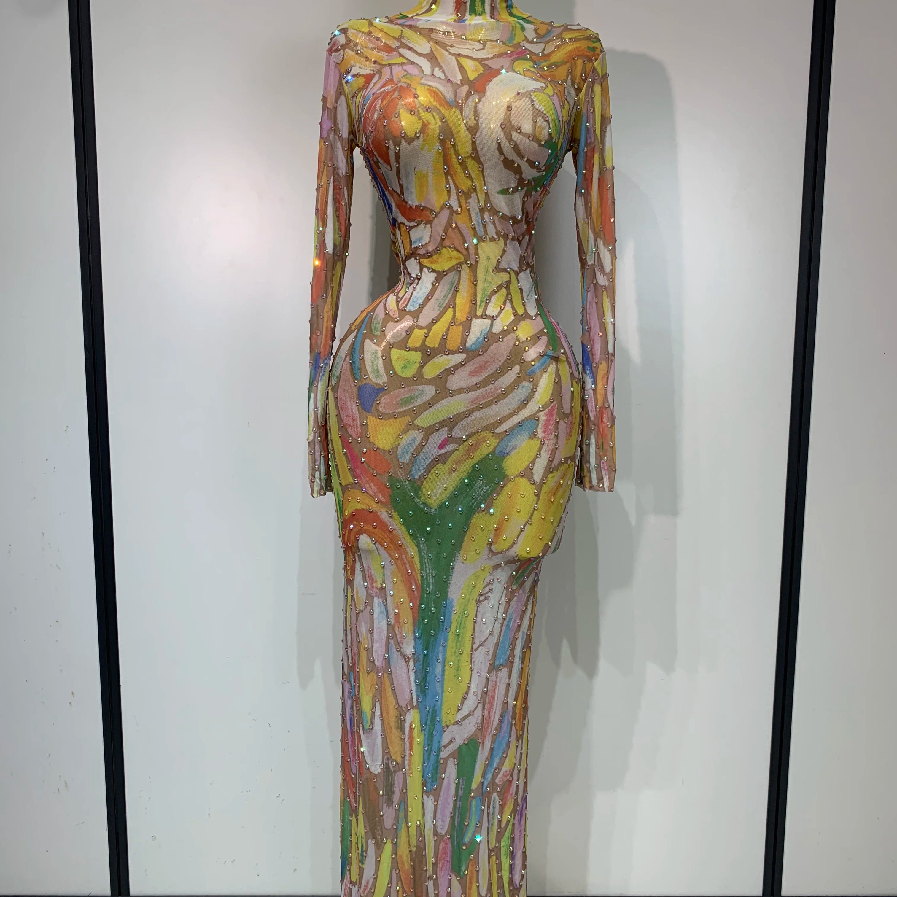 Sparkly Rhinestone Stretchy Mesh See Through Jumpsuit Women Performance Dancer Costume Rompers Party Nightclub Stage Outfit Beige