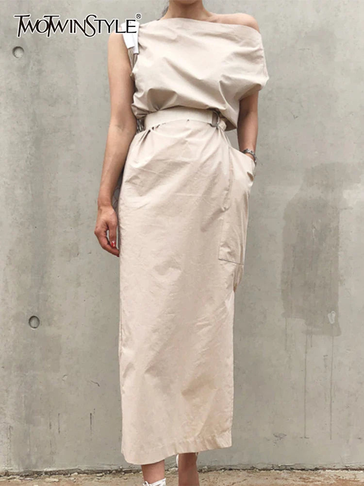 Asymmetrical Sashes Dress For Women Slash Neck Short Sleeve High Waist Casual Dresses Female Fashion New Clothing