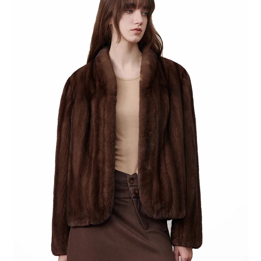 Lautaro Autumn Winter Short Brown Thick Warm Soft Faux Mink Fur Coat Women Stand Collar Elegant Luxury Chic Fluffy Jacket 2025