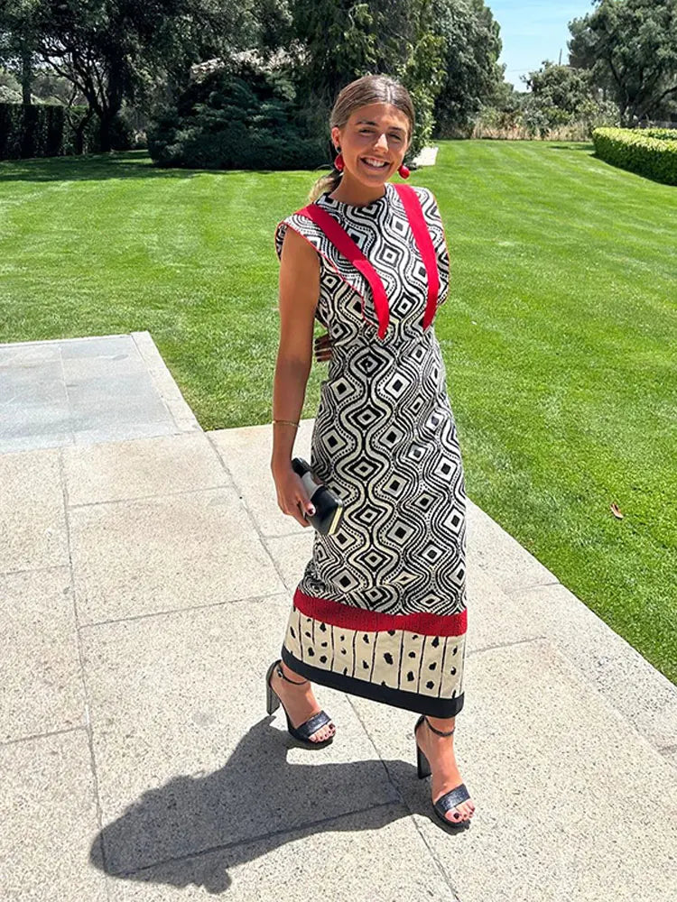 Women Elegant Printed Round Neck Long Dress Fashion Flying Sleeves High Waist Color Block Dresses Summer Vacation Street Robes