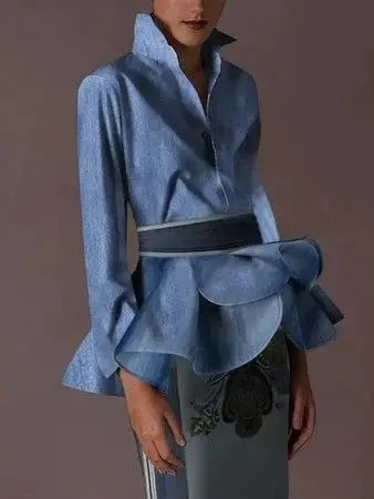 Modigirl New Autumn Vintage Blouses Women's Flared Sleeves Blouse Urban Flower Printed Elegant Shirts Tops for Woman light blue