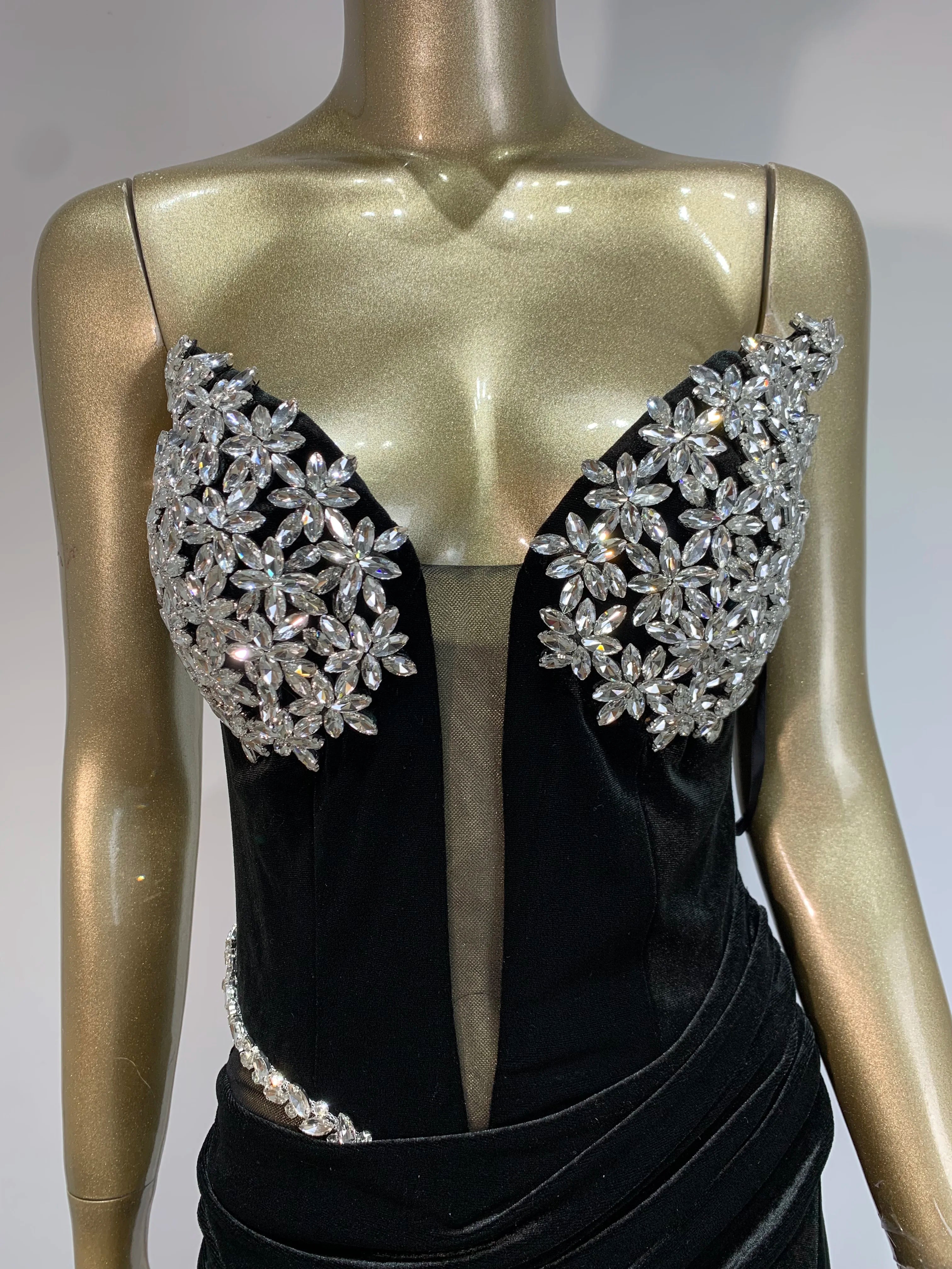 Sexy Strapless Backless Split Diamonds Black Velvet Maxi Long Women Celebrity Dress 2024 Elegant Party Evening Club Vestido