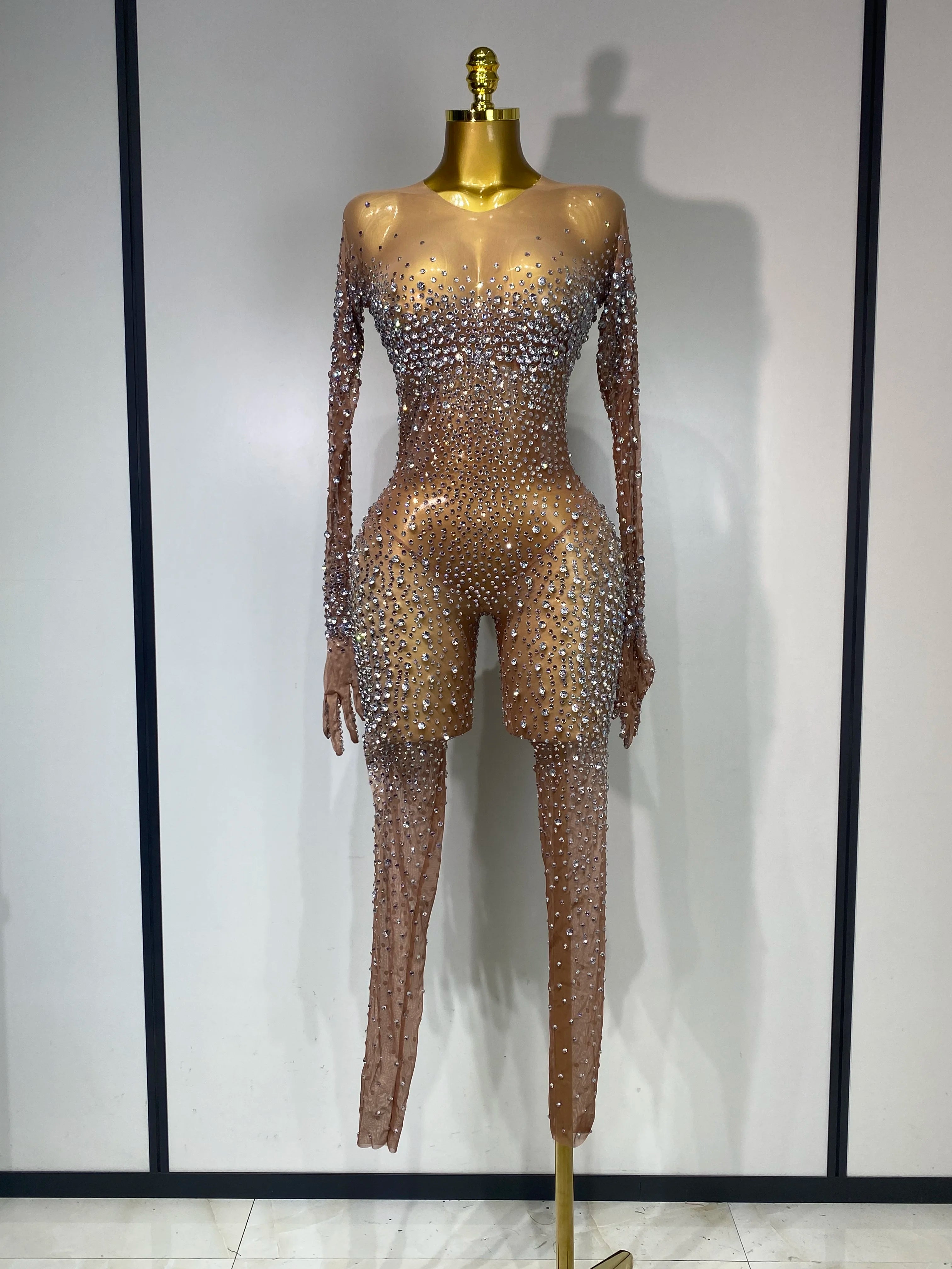 Luxury Rhinestones Bodycon Jumpsuit Sexy Women Mesh See Through Birthday Gown Women Bar Nightclub Dancer Stage Outfit silver diamond