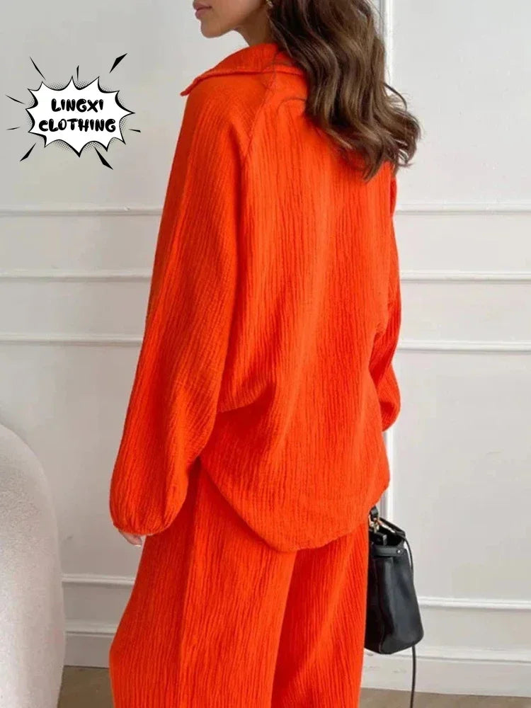 2024 Summer Fashion New Plus Size Women's Wear Set with Polo Collar Cotton Hemp Pants Elegant Solid Color Two Piece Set