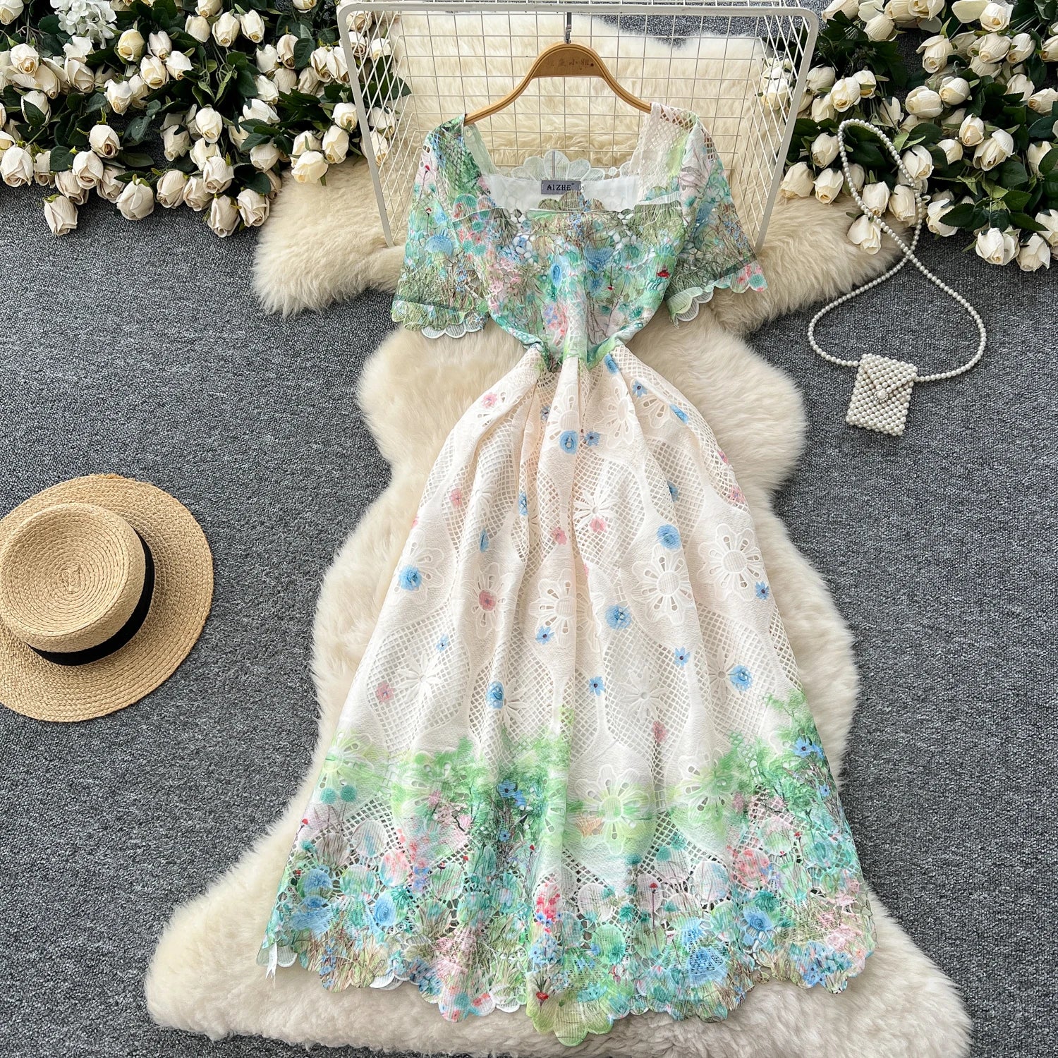 Hook flower hollow lace pleated Elegant Bodycon Dress Slim Party Club Vintage Dress Korean Fashion Women Clothes green