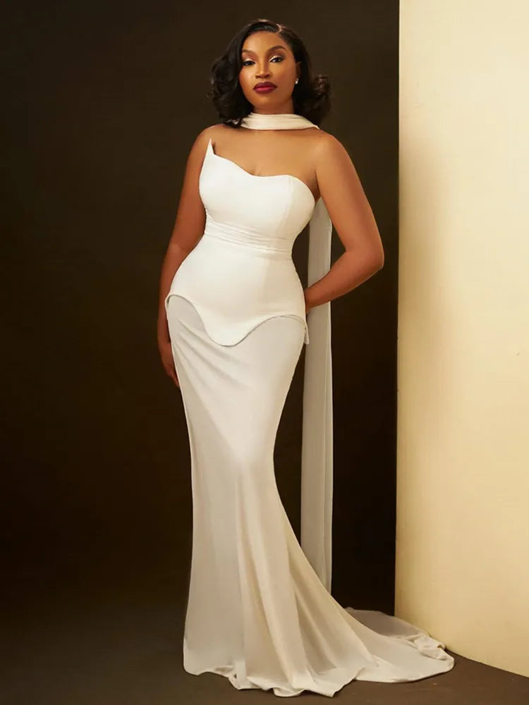 Luxury Sexy Strapless Backless White Black Maxi Long Women Celebrity Dress Elegant Party Evening Club Vestido Clothing